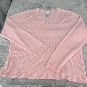 Super Soft Ladies XL Baby Pink Cable Knit V Neck Sweater Long Sleeve Acrylic EUC